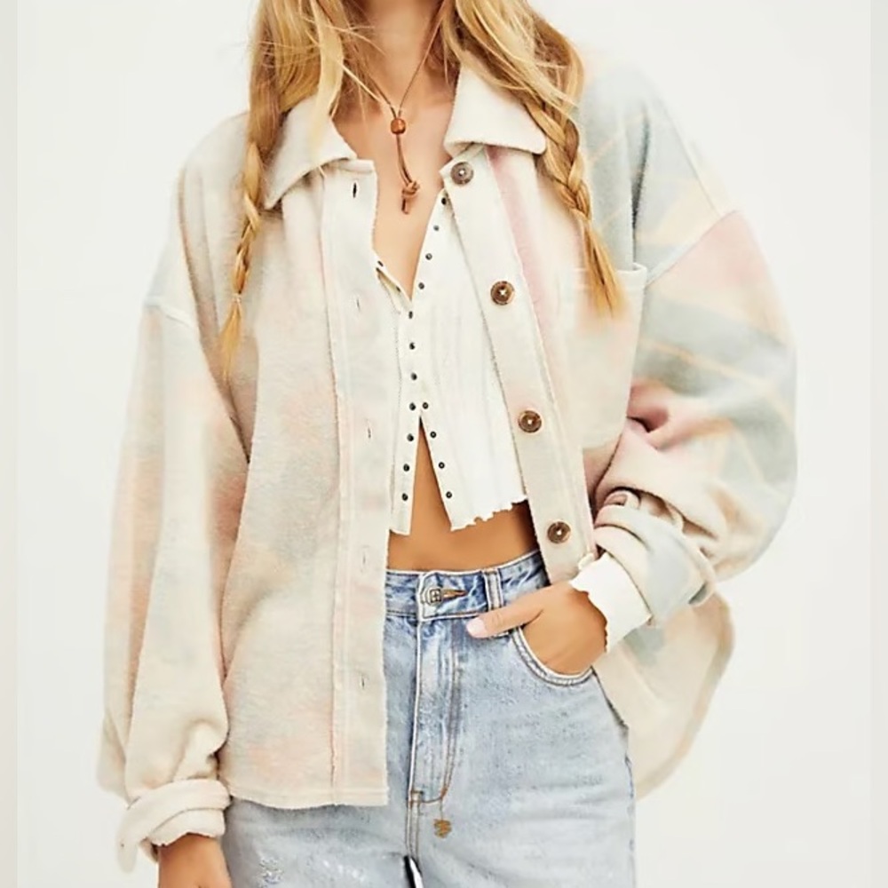 Free People Pastel Plaid Button-Up Sweater Jacket